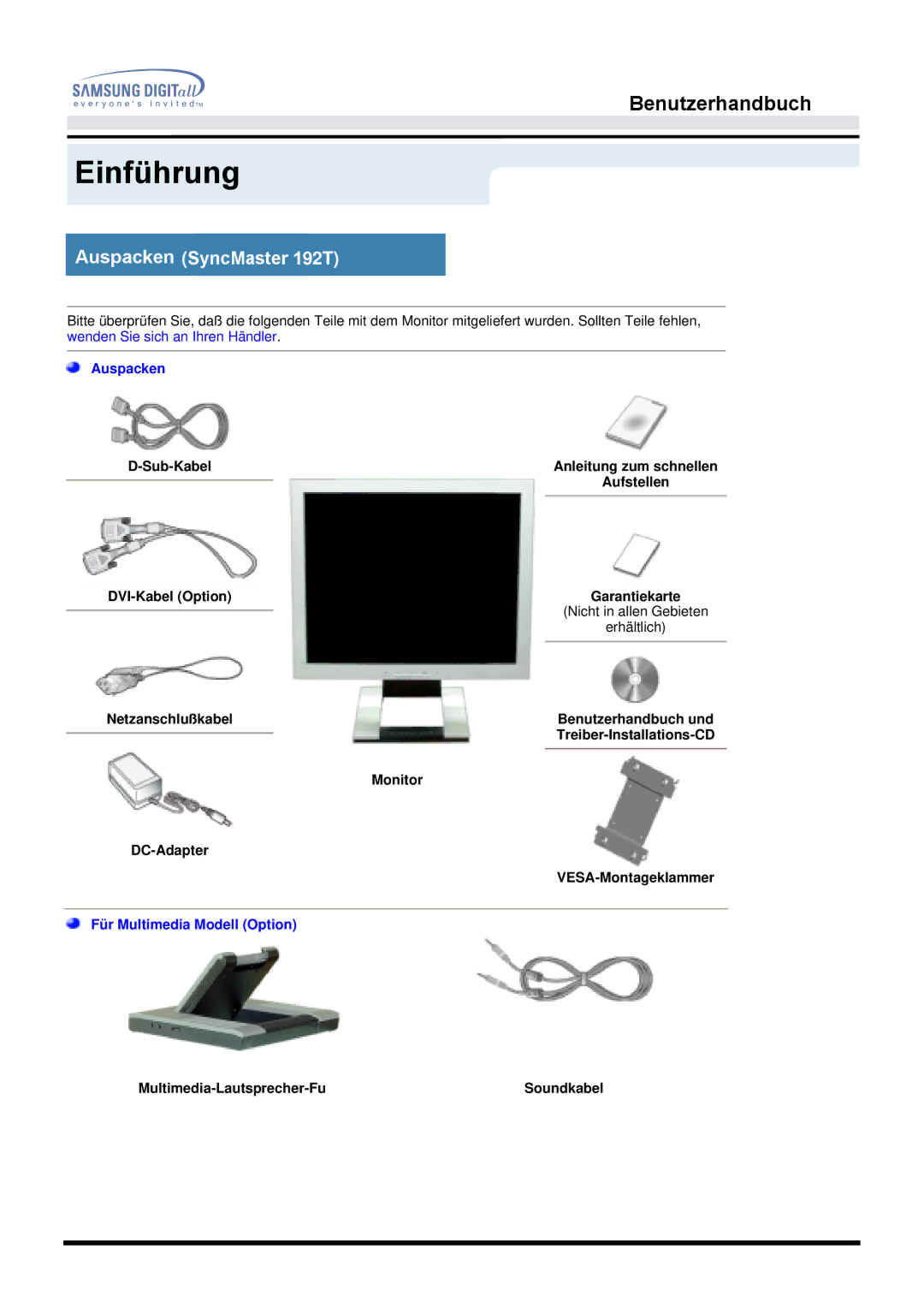 Samsung MO19PSZS/EDC, MO19PSDS/EDC manual Auspacken SyncMaster 192T, Multimedia-Lautsprecher-Fu Soundkabel 