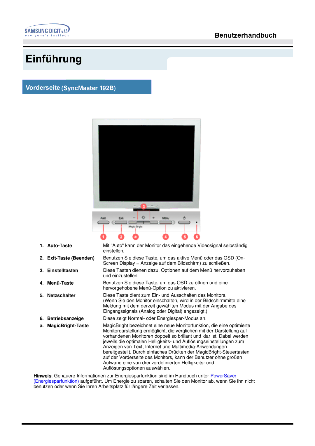 Samsung MO19PSDS/EDC, MO19PSZS/EDC manual Auto-Taste, Einstellen, Einstelltasten, Menü-Taste, Netzschalter, Betriebsanzeige 