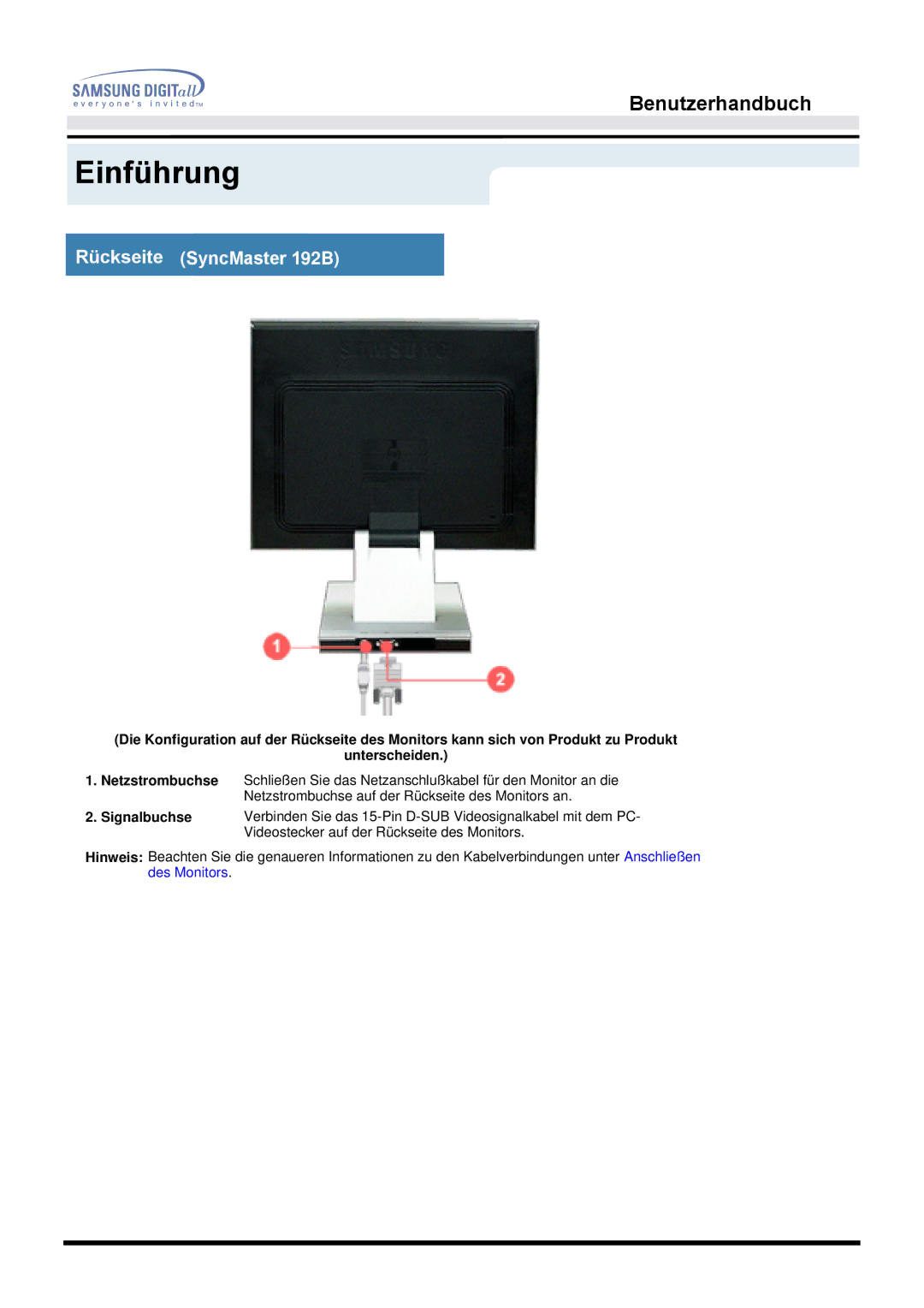 Samsung MO19PSDS/EDC, MO19PSZS/EDC manual Rückseite SyncMaster 192B, Signalbuchse 