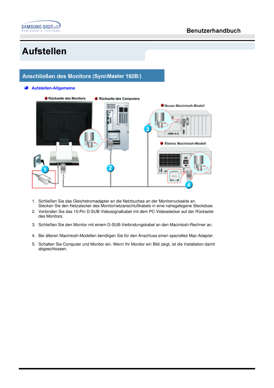 Samsung MO19PSDS/EDC, MO19PSZS/EDC manual Aufstellen, Anschließen des Monitors SyncMaster 192B 