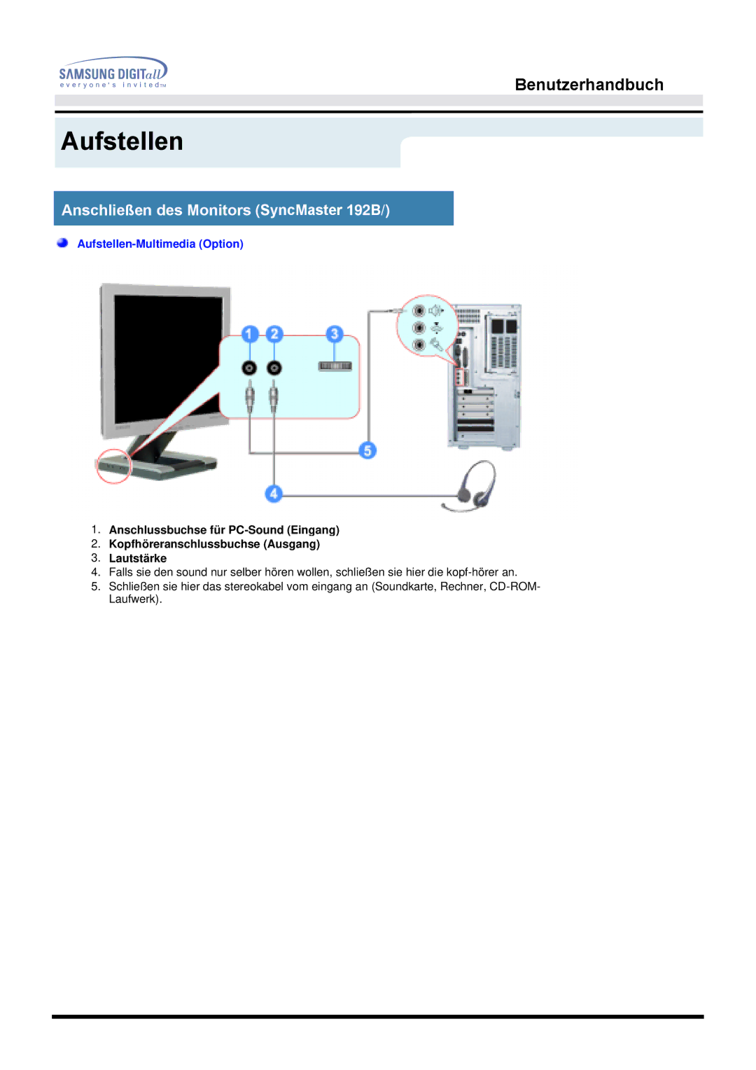 Samsung MO19PSZS/EDC, MO19PSDS/EDC manual Aufstellen-Multimedia Option 