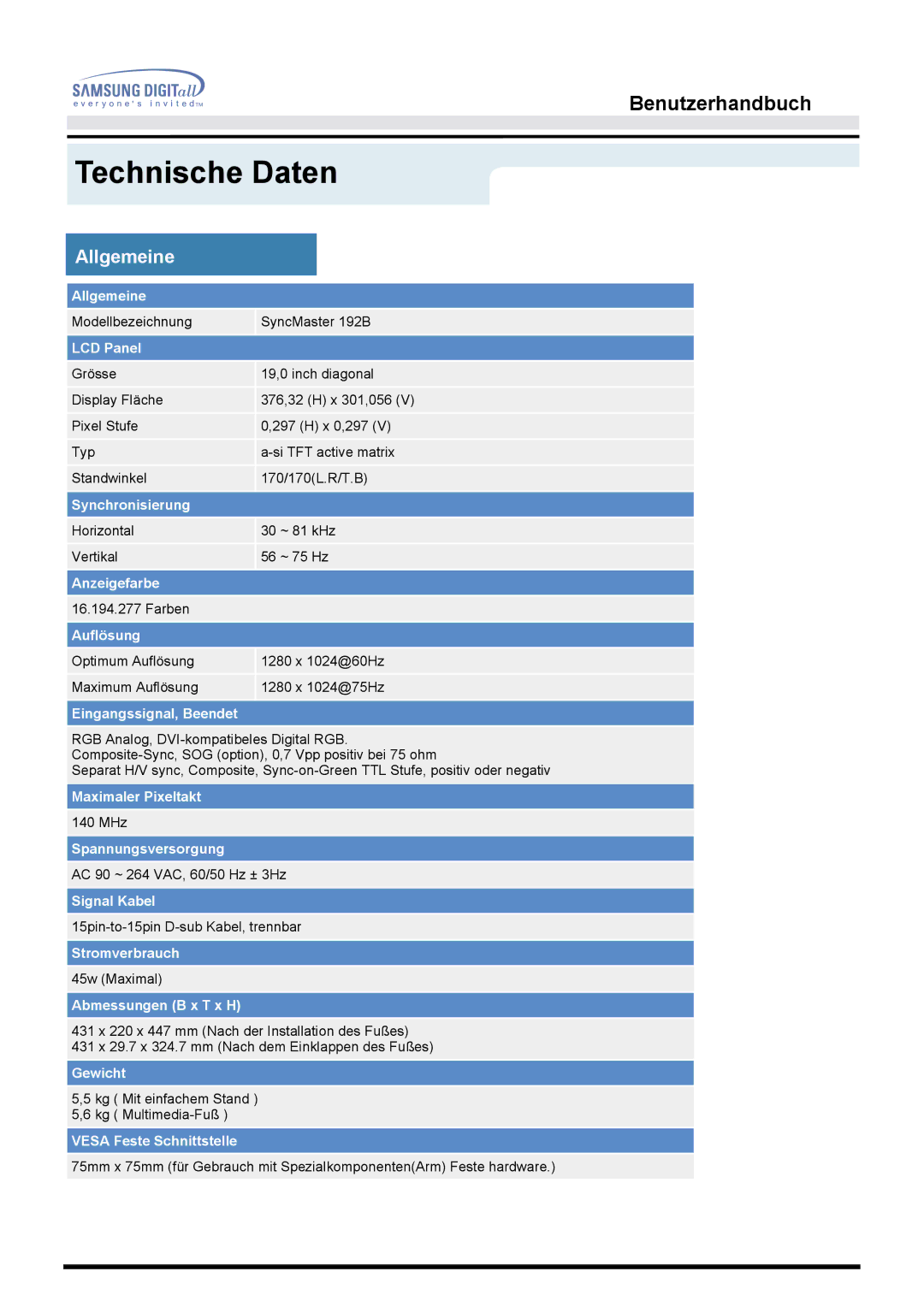 Samsung MO19PSDS/EDC, MO19PSZS/EDC manual Technische Daten, Allgemeine 