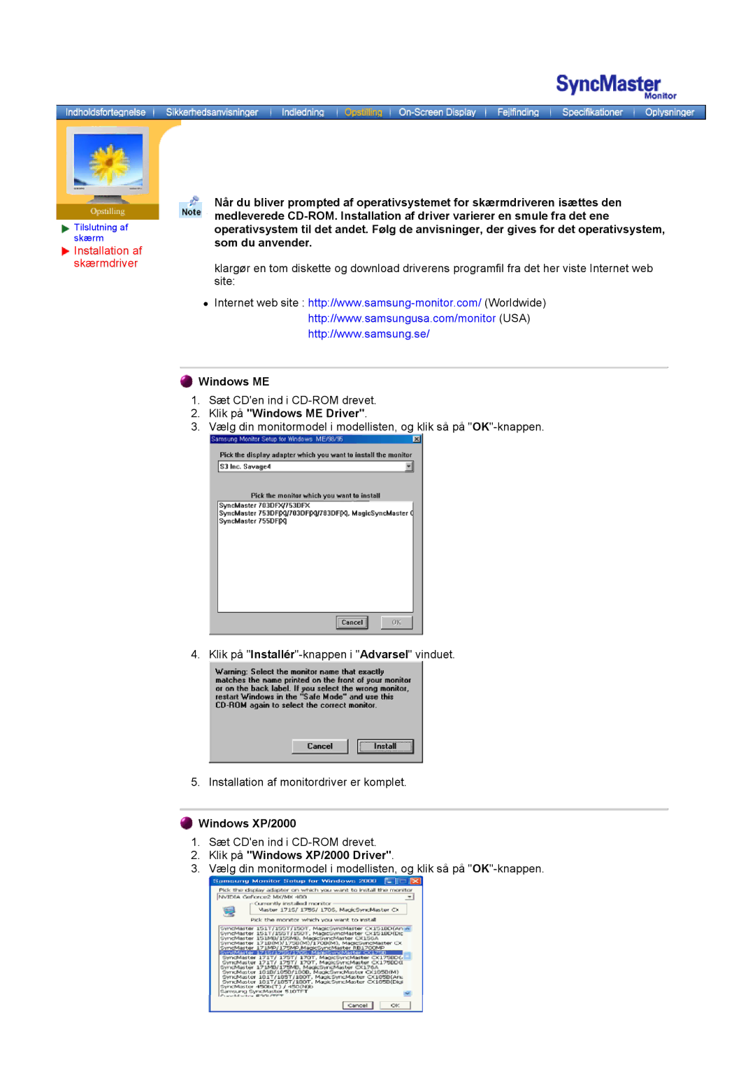 Samsung MO19PSZS/EDC manual Klik på Windows ME Driver, Klik på Windows XP/2000 Driver 