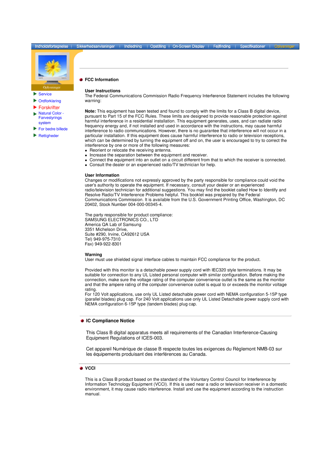 Samsung MO19PSZS/EDC manual Forskrifter, IC Compliance Notice 