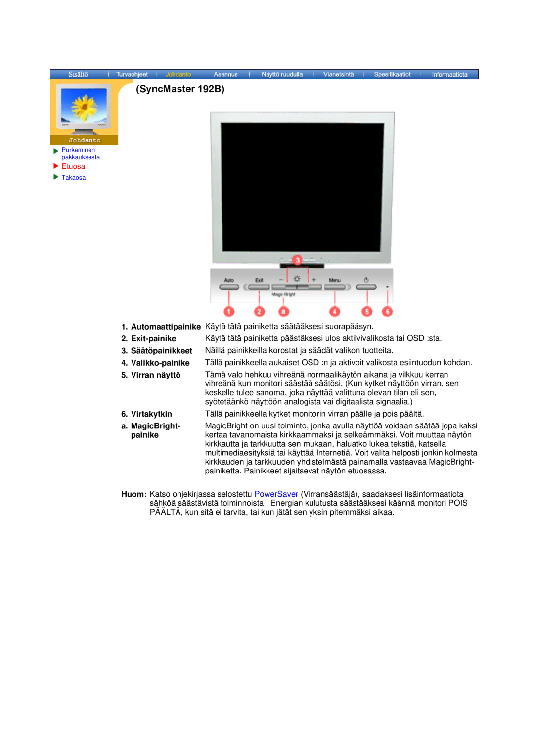 Samsung MO19PSZS/EDC manual Exit-painike, Virtakytkin, MagicBright, Painike 