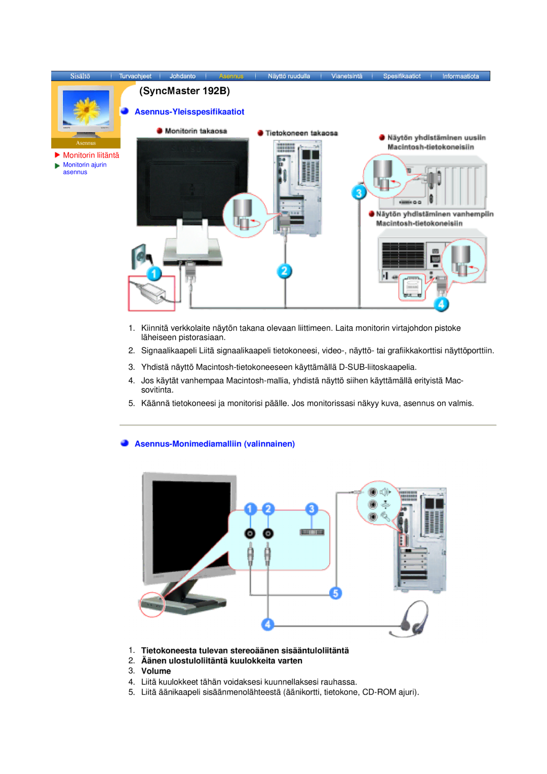 Samsung MO19PSZS/EDC manual Asennus-Yleisspesifikaatiot 