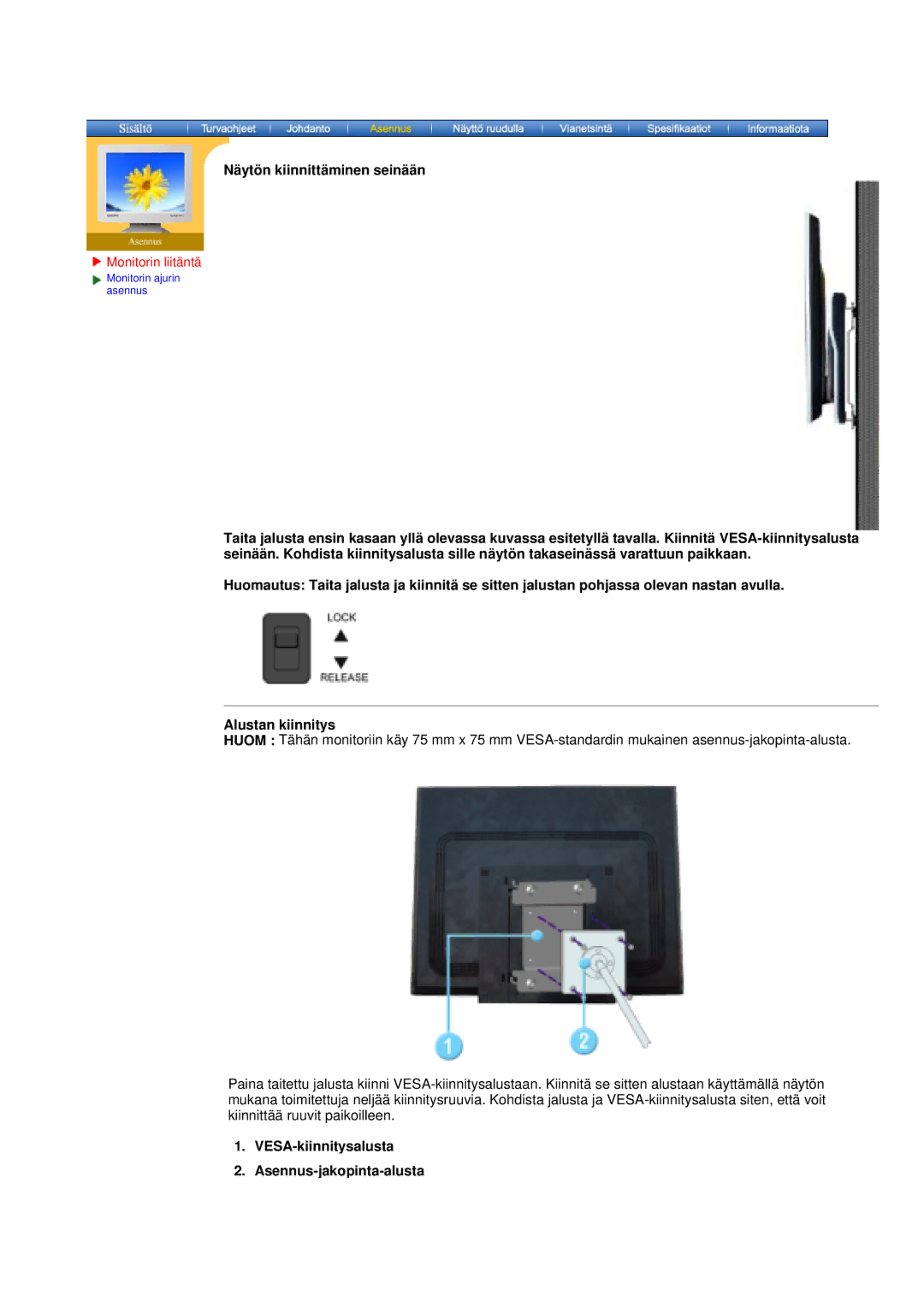 Samsung MO19PSZS/EDC manual Näytön kiinnittäminen seinään, VESA-kiinnitysalusta Asennus-jakopinta-alusta 