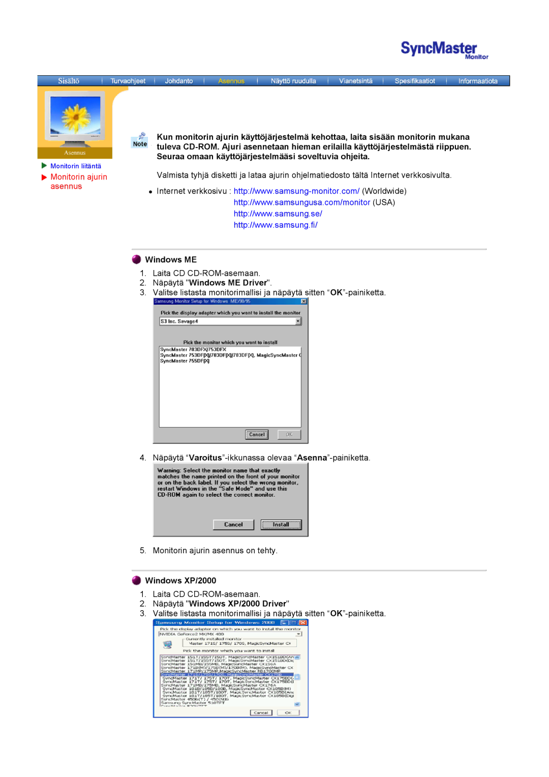 Samsung MO19PSZS/EDC manual Näpäytä Windows ME Driver, Näpäytä Windows XP/2000 Driver 