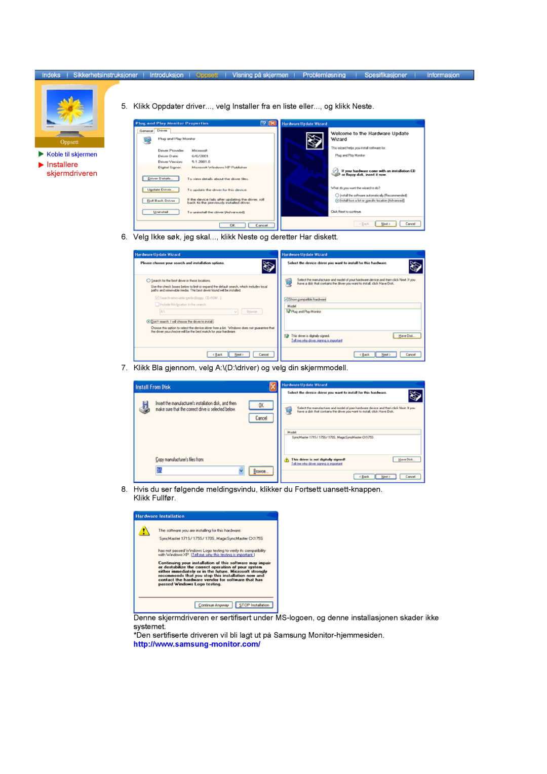 Samsung MO19PSZS/EDC manual Installere skjermdriveren 