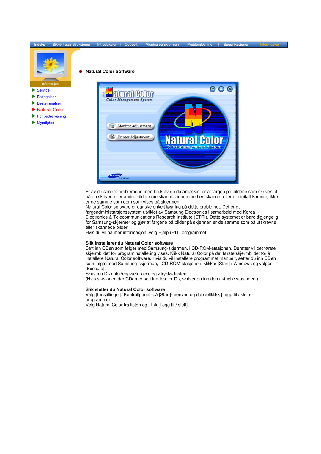 Samsung MO19PSZS/EDC manual Natural Color Software, Slik installerer du Natural Color software 