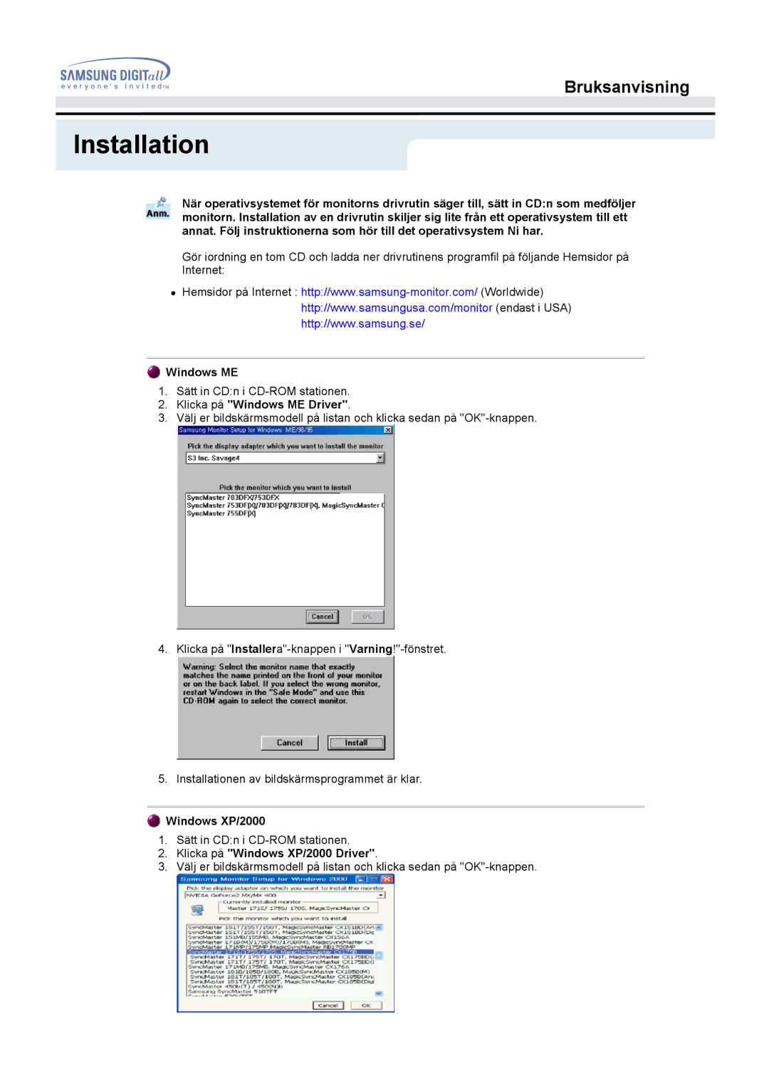 Samsung MO19PSZS/EDC manual Klicka på Windows ME Driver, Klicka på Windows XP/2000 Driver 