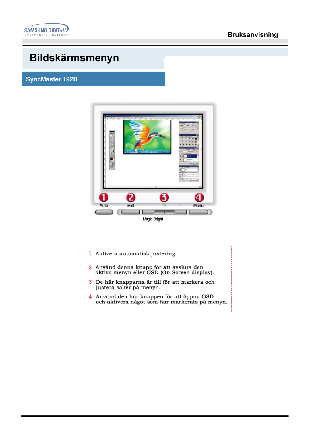 Samsung MO19PSZS/EDC manual Bildskärmsmenyn, SyncMaster 192B 