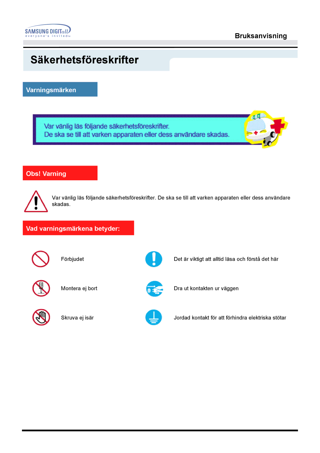 Samsung MO19PSZS/EDC manual Säkerhetsföreskrifter, Varningsmärken Obs! Varning, Vad varningsmärkena betyder 