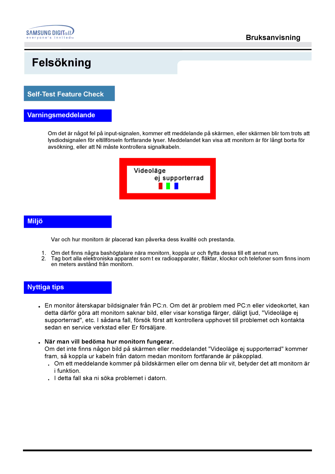 Samsung MO19PSZS/EDC manual Self-Test Feature Check Varningsmeddelande, Miljö, Nyttiga tips 