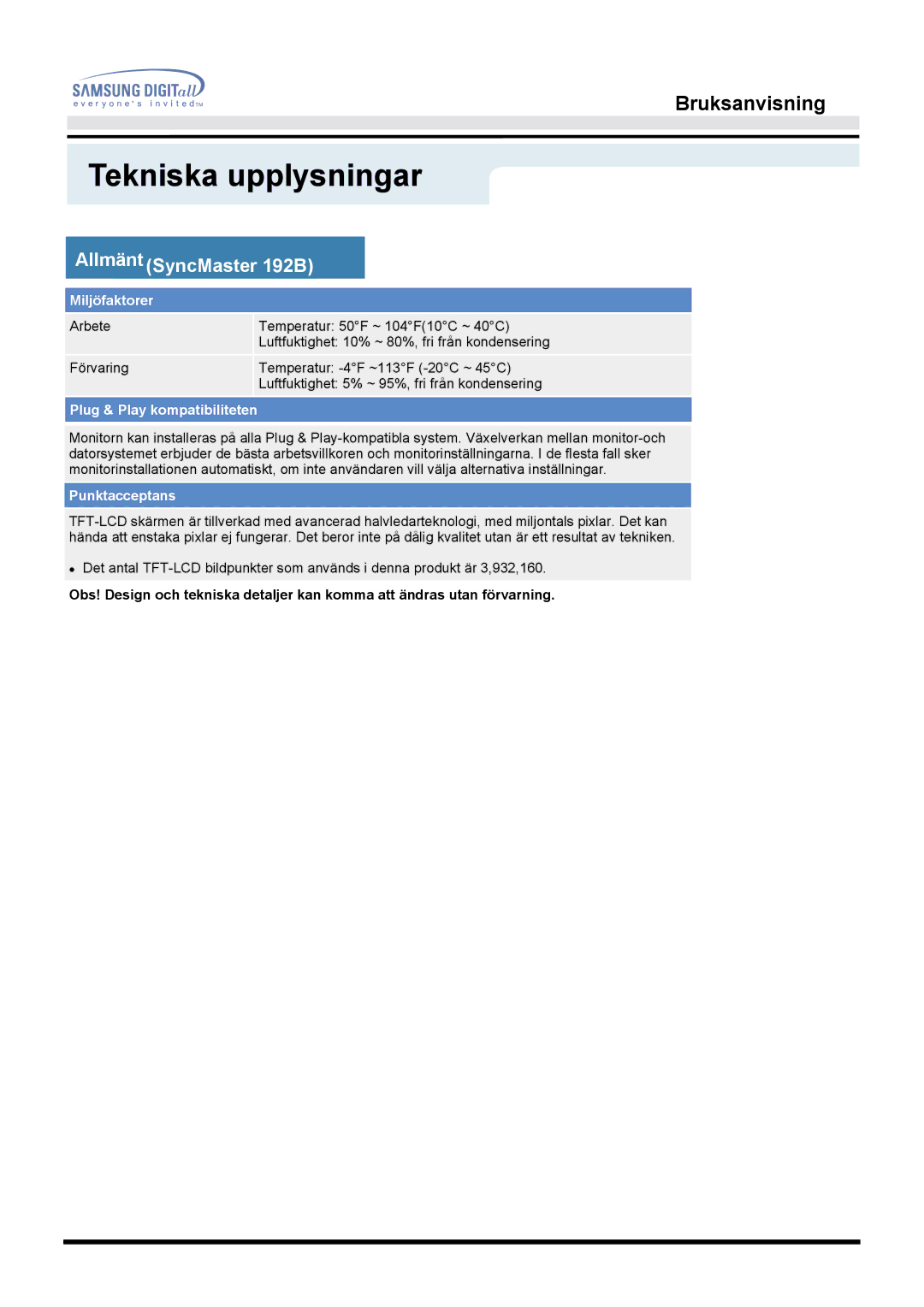 Samsung MO19PSZS/EDC manual Miljöfaktorer 