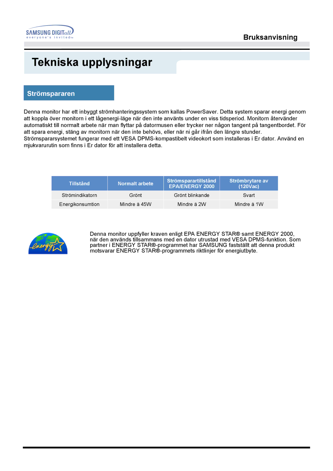 Samsung MO19PSZS/EDC manual Strömspararen, Epa/Energy 