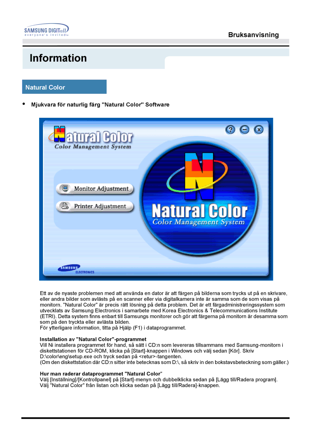 Samsung MO19PSZS/EDC manual Mjukvara för naturlig färg Natural Color Software 