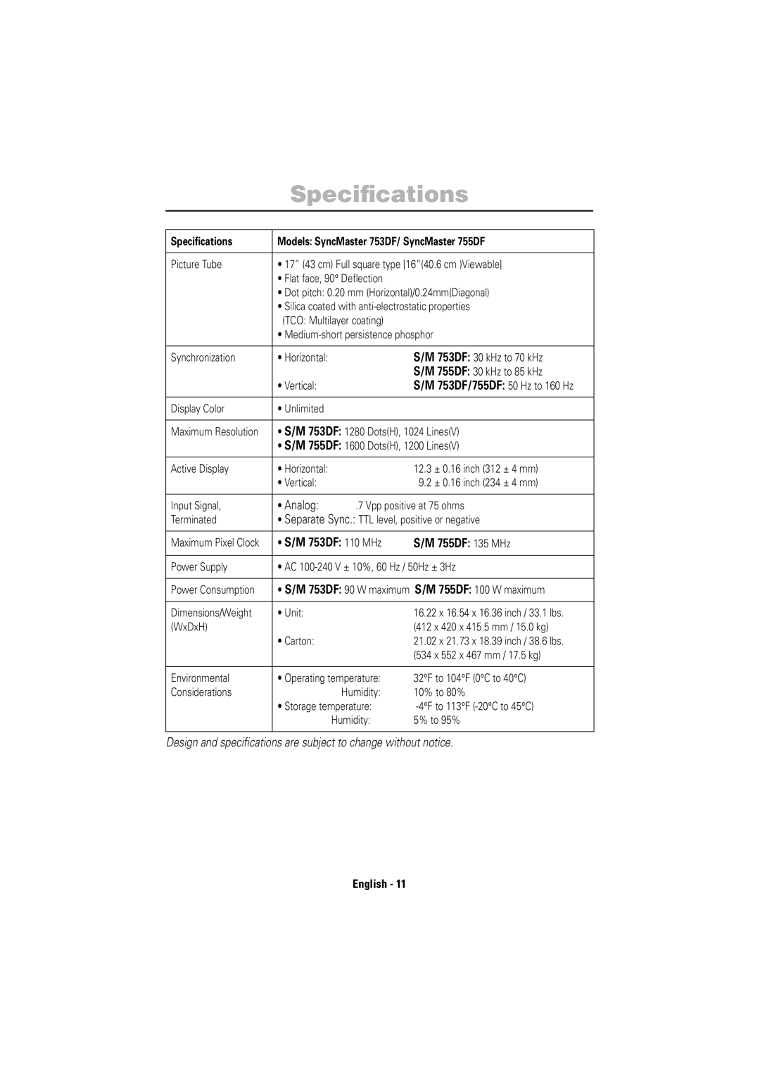 Samsung Model 753DF manual Speciﬁcations, Analog, 753DF 110 MHz 755DF 135 MHz 