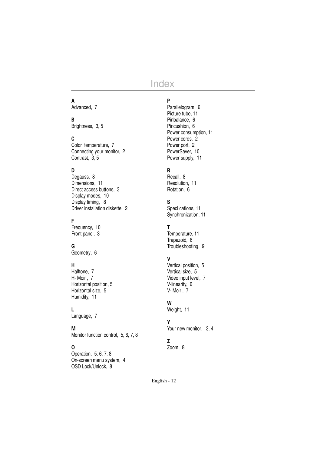 Samsung Model 753DF manual Index, Advanced Brightness, 3, Degauss, 8 Dimensions, Temperature Trapezoid Troubleshooting 