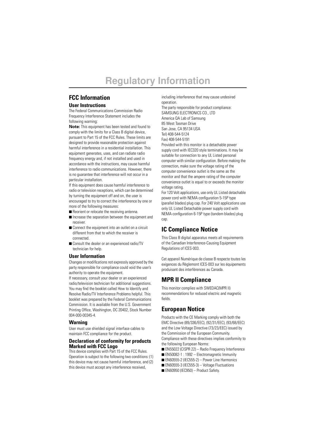 Samsung Model 753DF manual Regulatory Information, User Instructions, User Information 