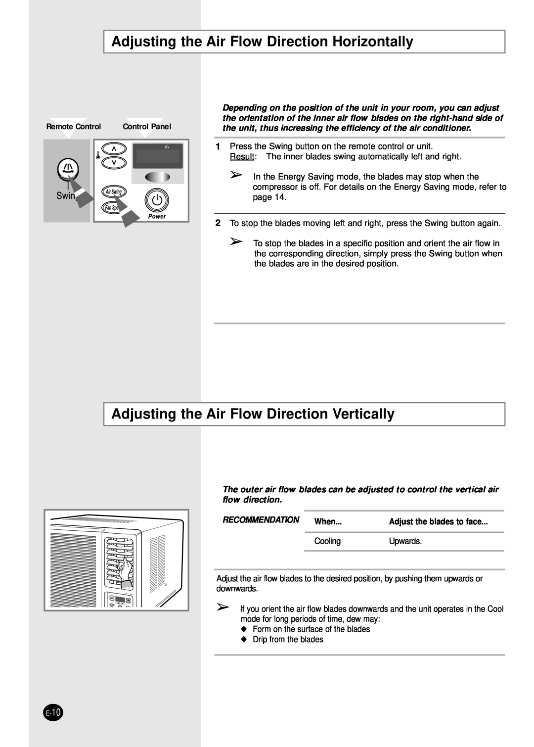 Samsung Model AW089AB manual Adjusting the Air Flow Direction Horizontally, Adjusting the Air Flow Direction Vertically 