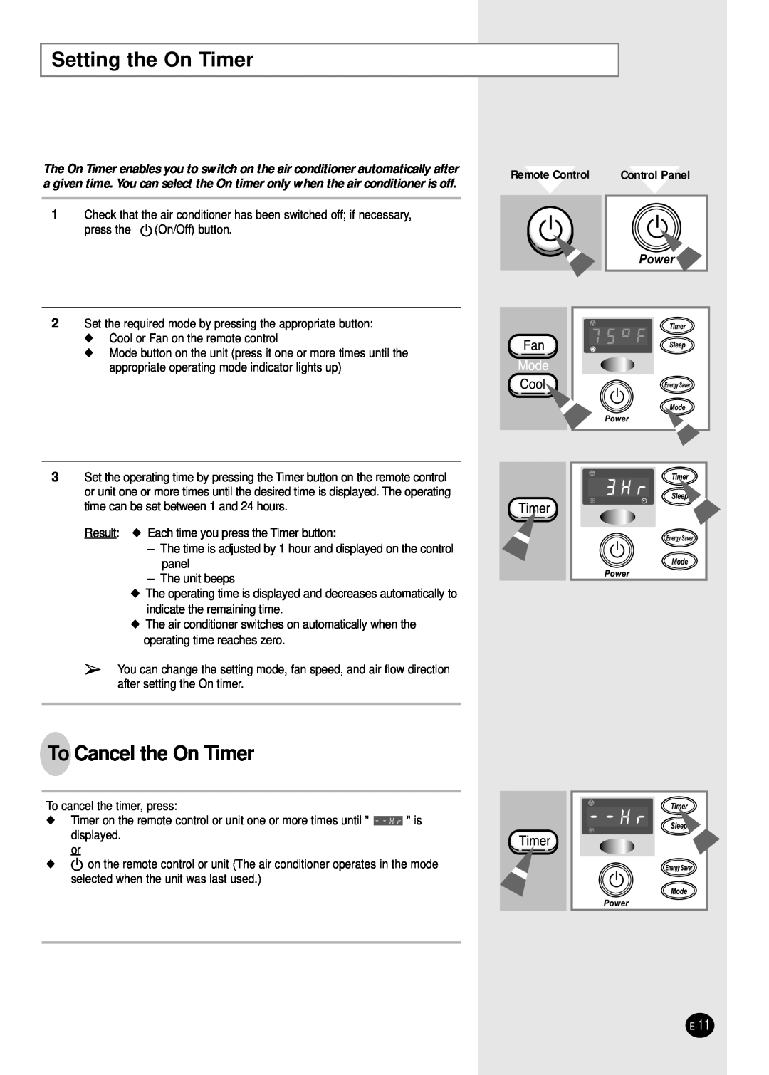 Samsung Model AW089AB manual Setting the On Timer, To Cancel the On Timer, Remote Control 