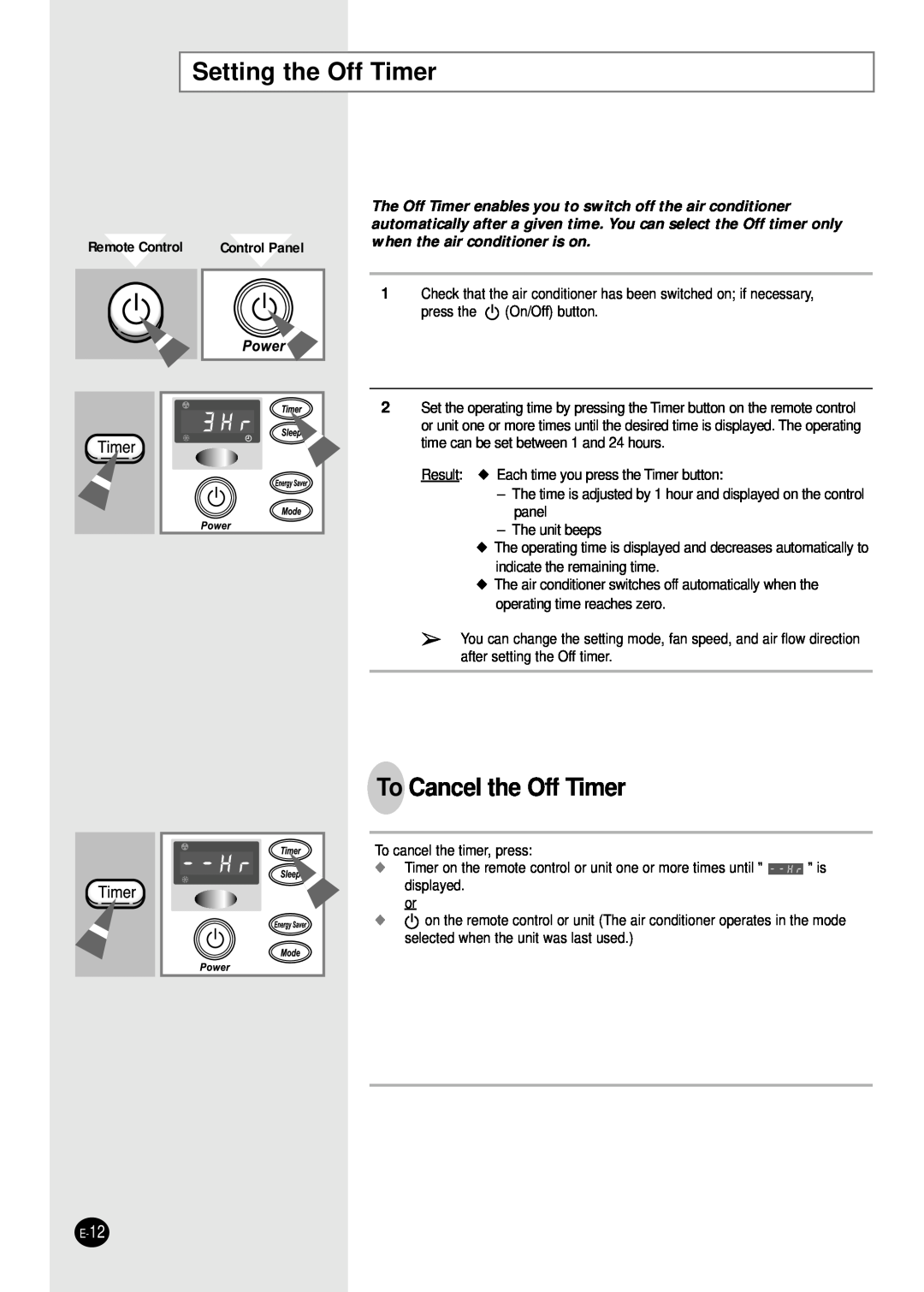 Samsung Model AW089AB manual Setting the Off Timer, To Cancel the Off Timer, Remote Control, Control Panel 