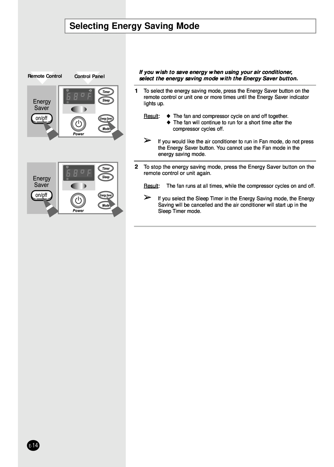 Samsung Model AW089AB manual Selecting Energy Saving Mode, Control Panel, Remote Control 