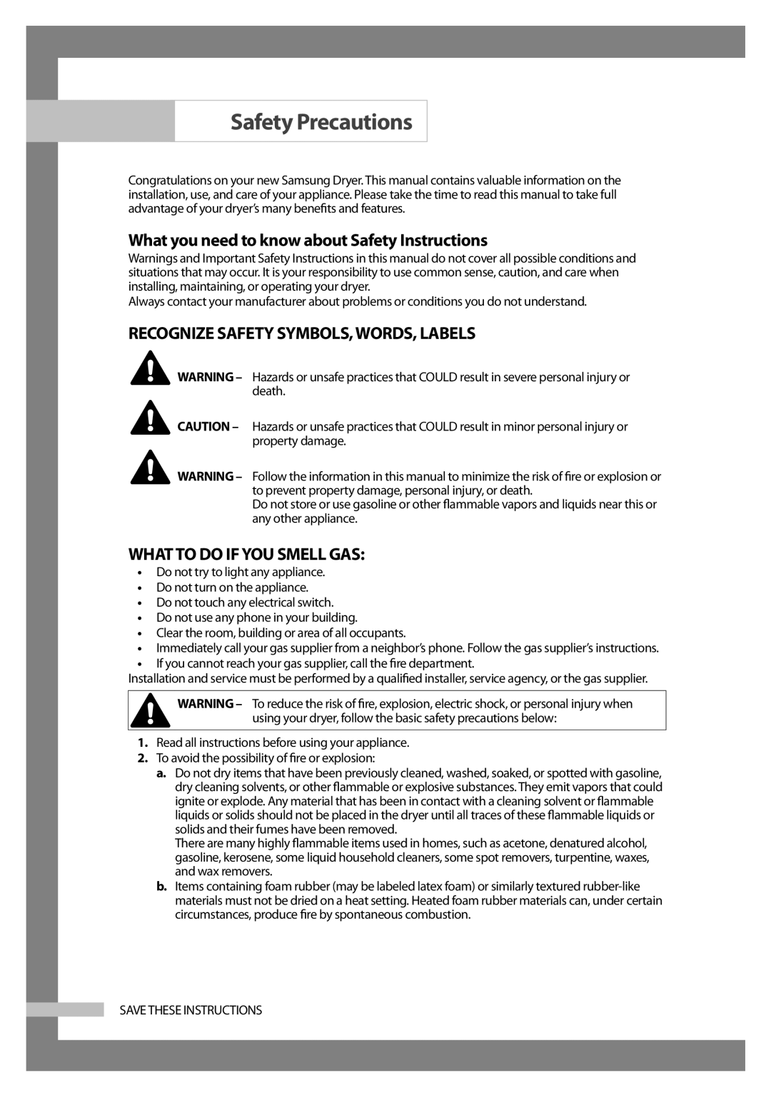 Samsung Model DV316HEC Safety Precautions, What you need to know about Safety Instructions, What to do if YOU Smell GAS 