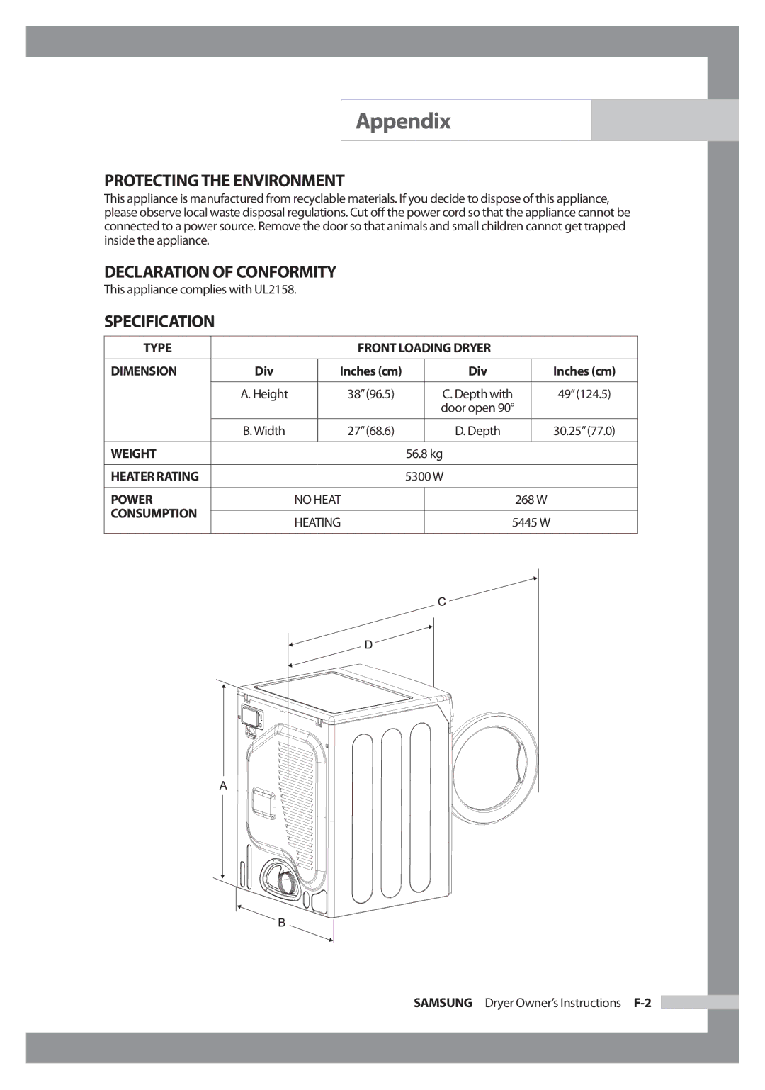 Samsung Model DV316HEC owner manual Protecting the Environment, Declaration of Conformity, Specification, Div Inches cm 