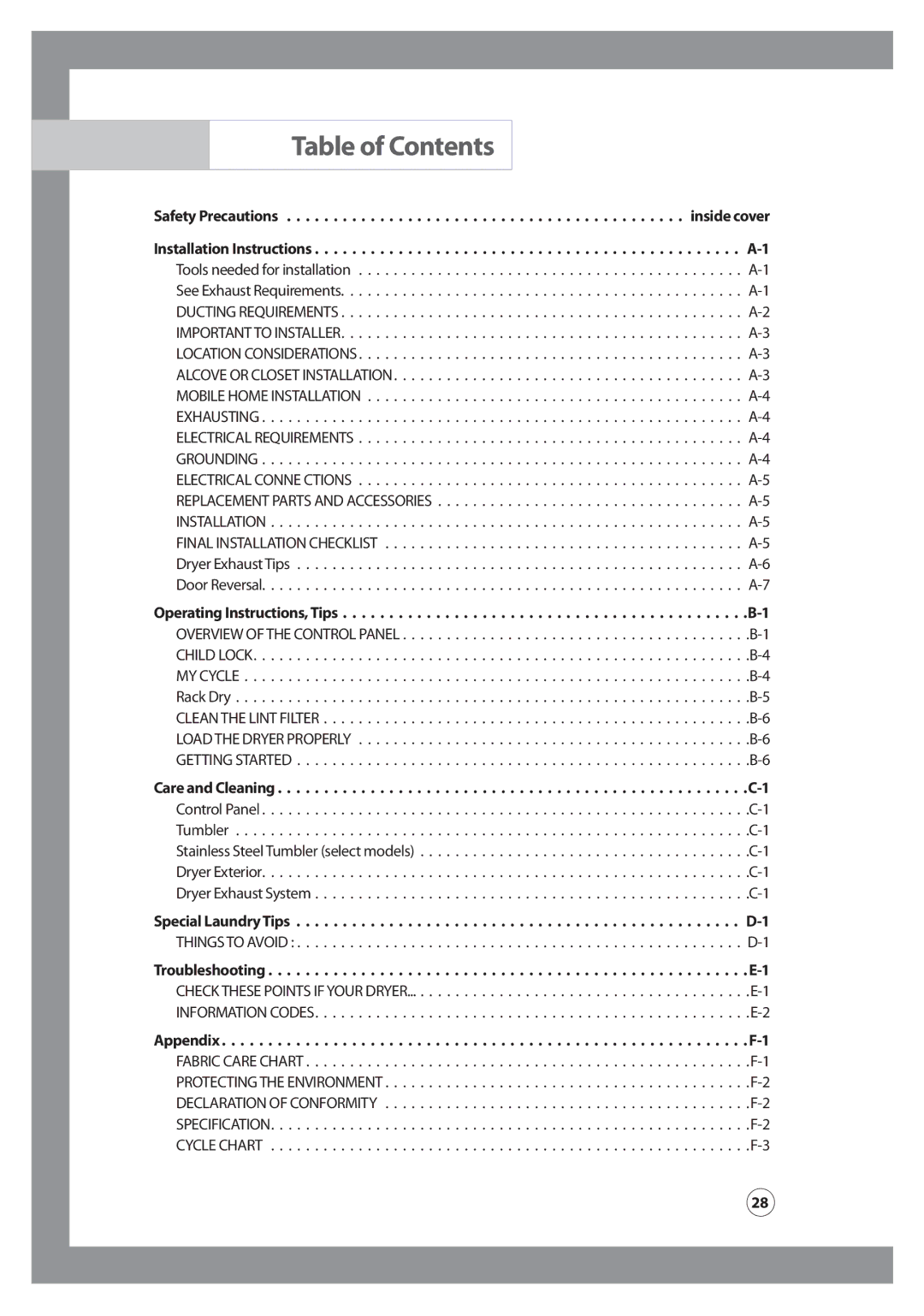 Samsung Model DV316HEC owner manual Table of Contents 