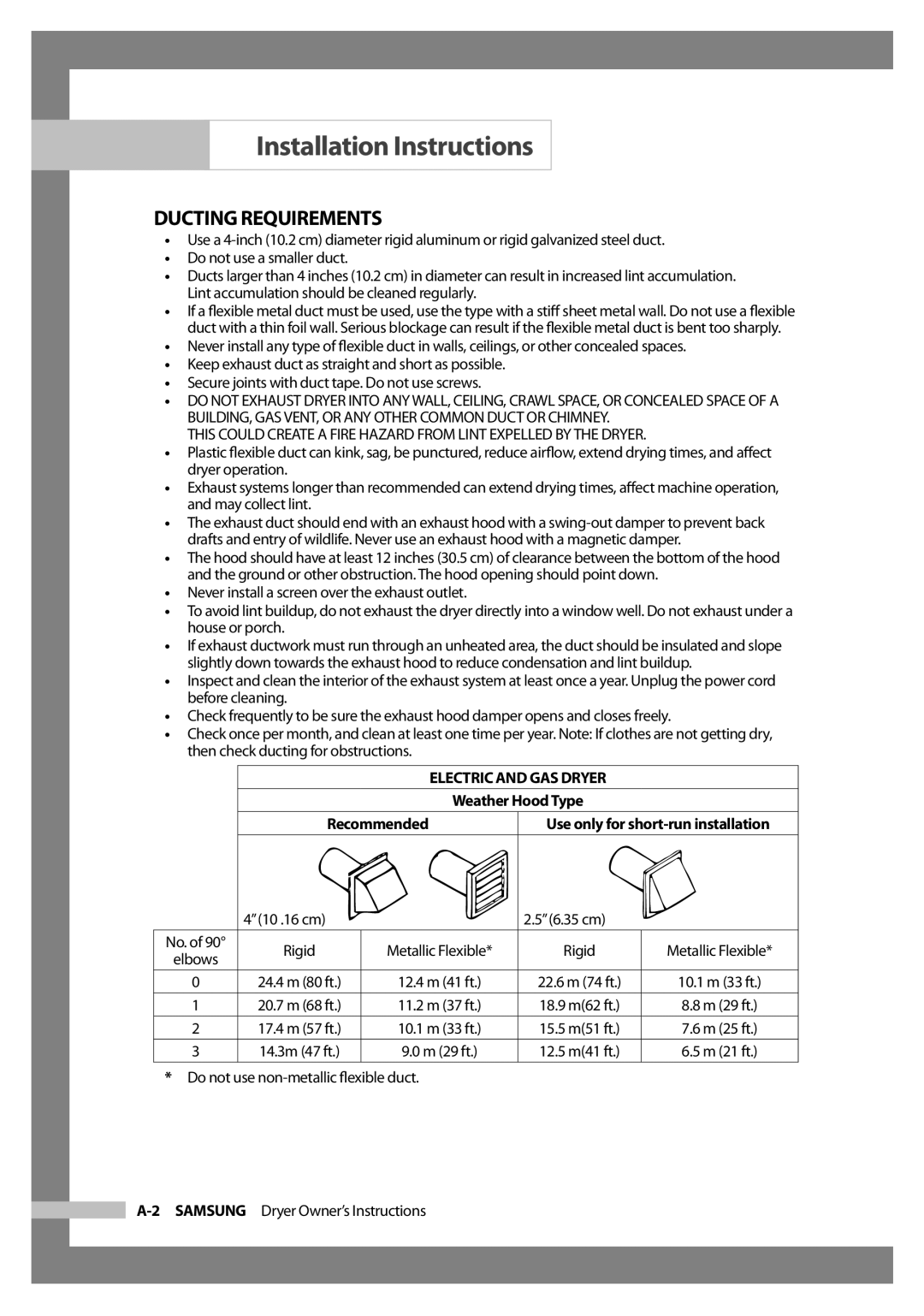 Samsung Model DV316HEC owner manual Ducting Requirements, 10 .16 cm 6.35 cm 