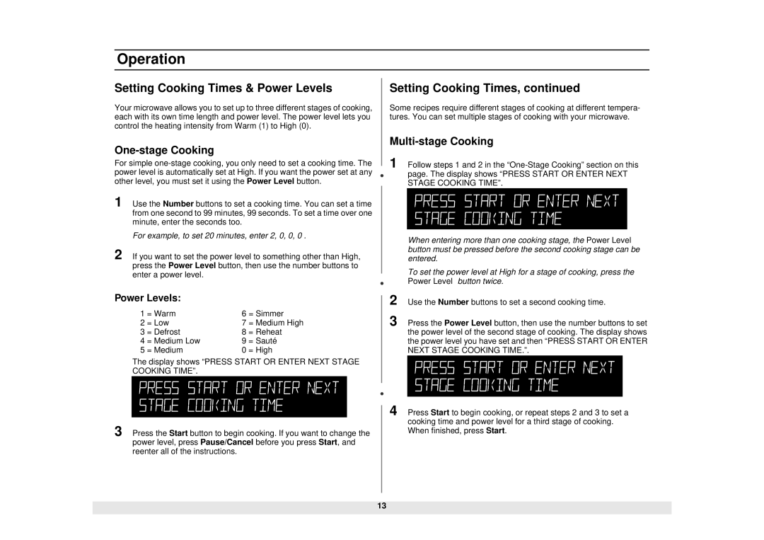 Samsung Model MW1660SA manual Setting Cooking Times & Power Levels, One-stage Cooking 