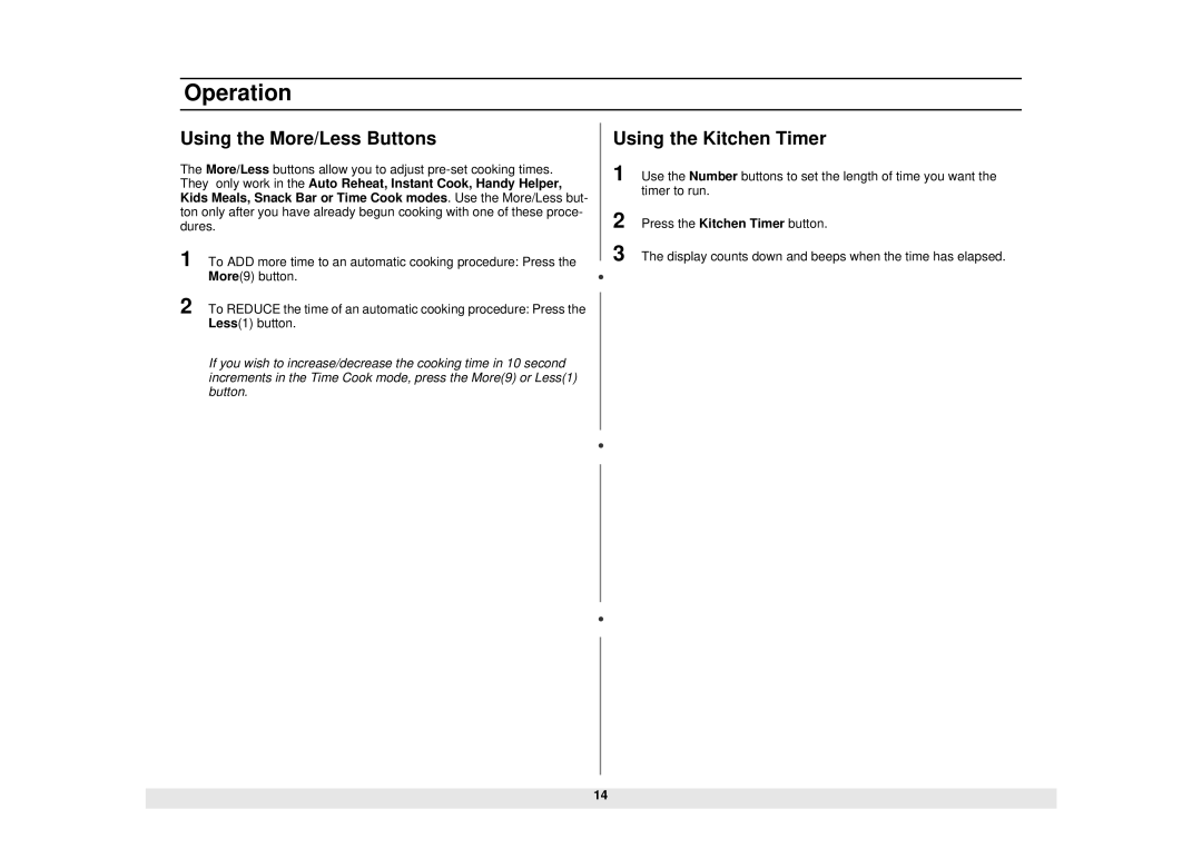 Samsung Model MW1660SA manual Using the More/Less Buttons, Using the Kitchen Timer 
