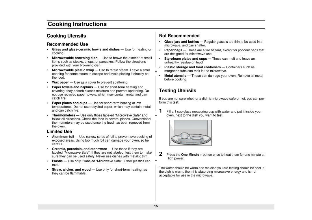 Samsung Model MW1660SA manual Cooking Instructions, Cooking Utensils, Testing Utensils 