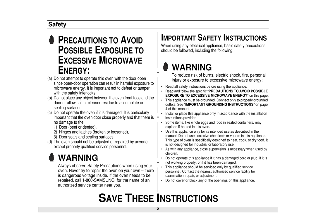 Samsung Model MW1660SA manual Important Safety Instructions 