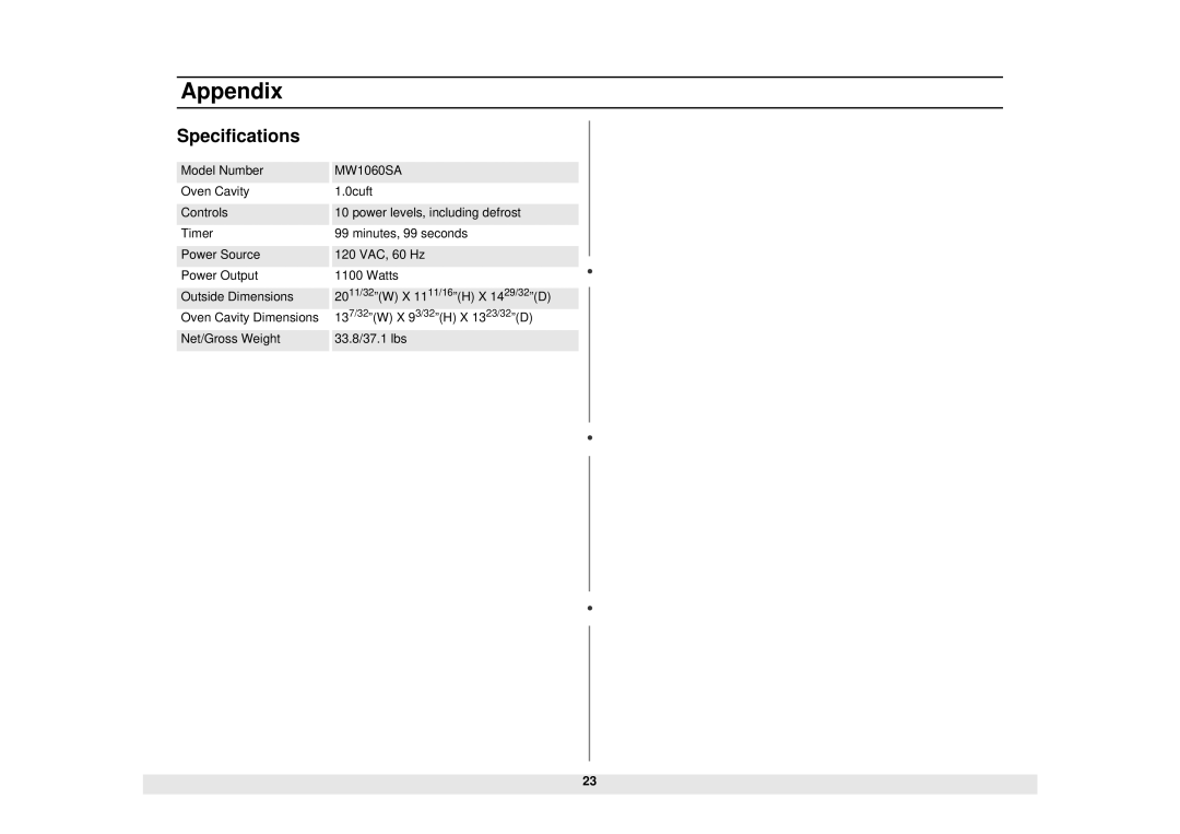 Samsung Model MW1660SA manual Specifications 