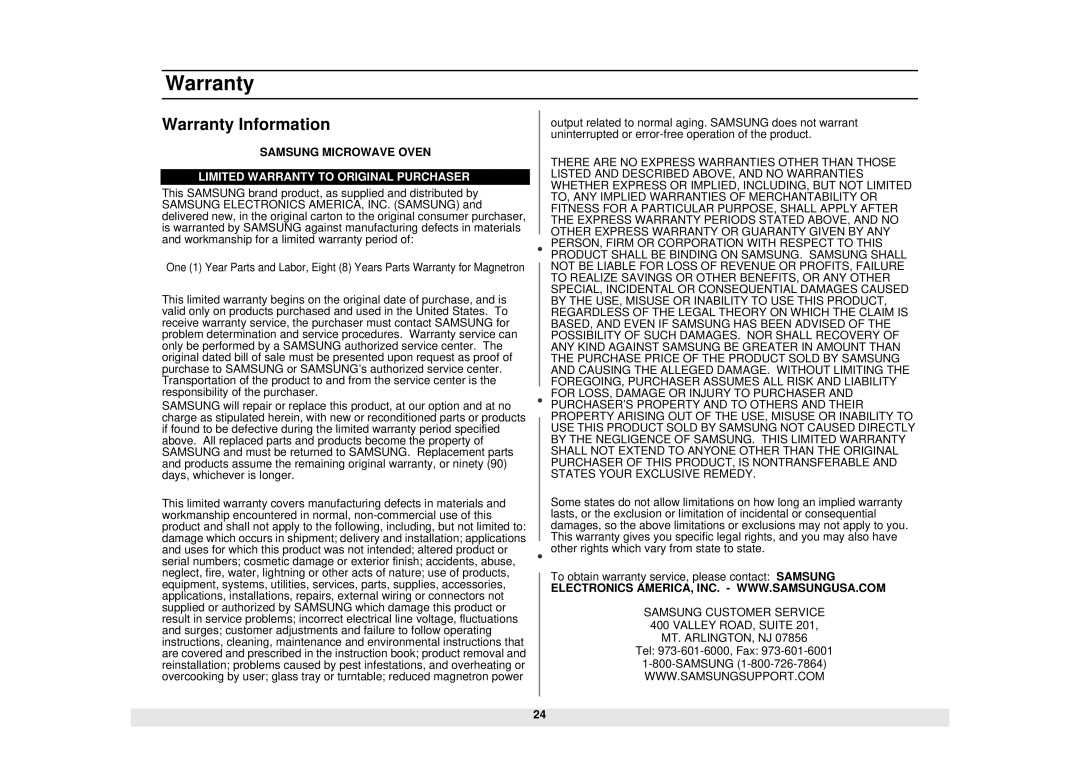 Samsung Model MW1660SA manual Warranty Information 