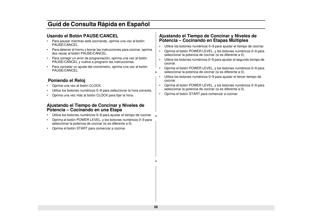 Samsung Model MW1660SA manual Guíd de Consulta Rápida en Español, Usando el Botó n PAUSE/CANCEL, Poniendo el Reloj 