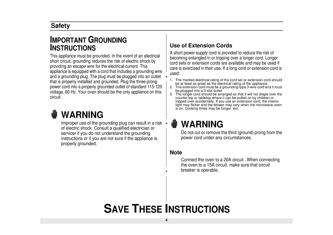 Samsung Model MW1660SA manual Important Grounding Instructions 