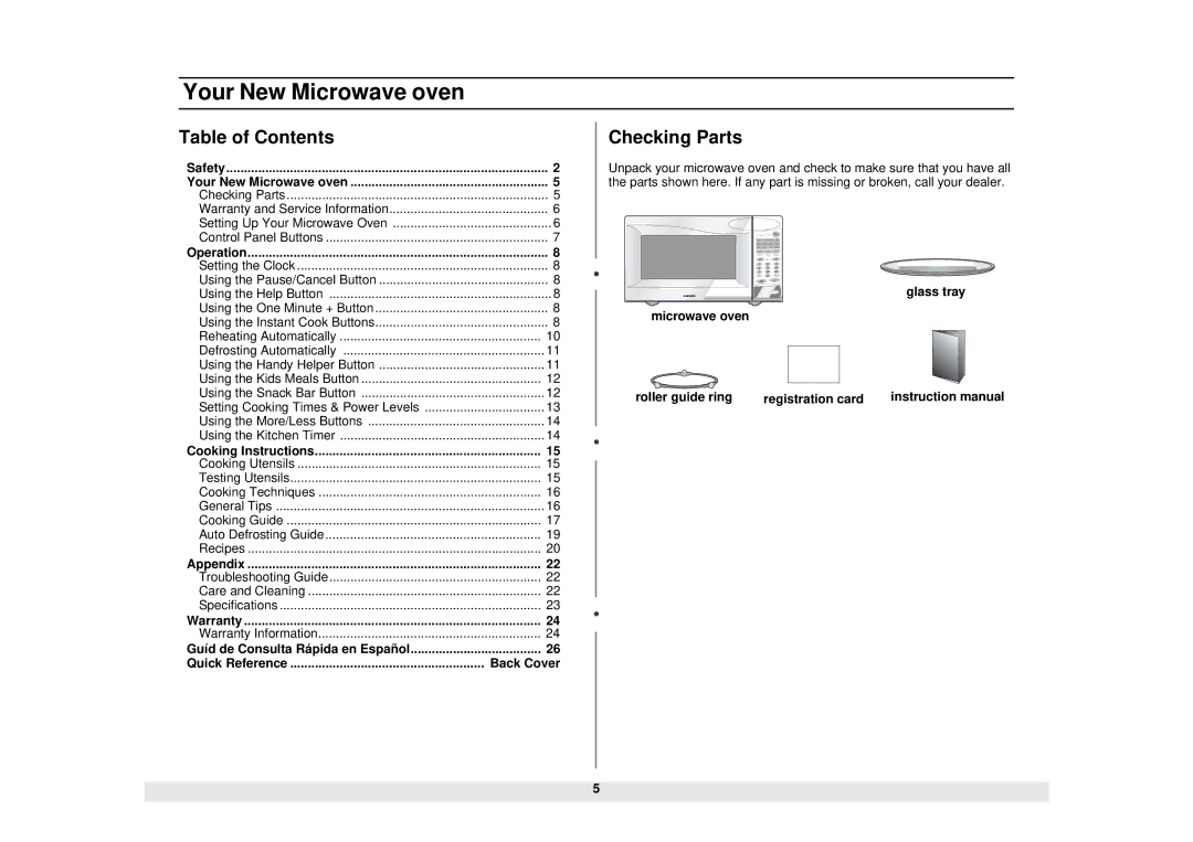 Samsung Model MW1660SA manual Your New Microwave oven, Table of Contents, Checking Parts 