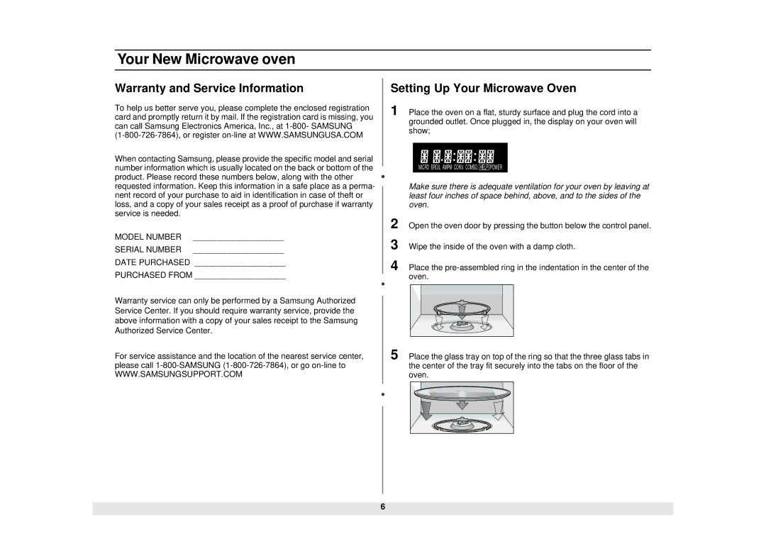 Samsung Model MW1660SA manual Warranty and Service Information, Model Number Serial Number 