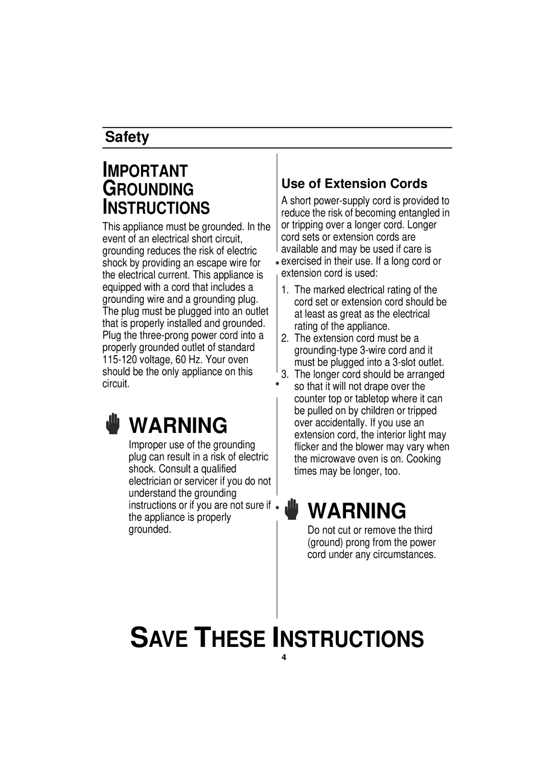 Samsung Model MW640WA owner manual Grounding Instructions 