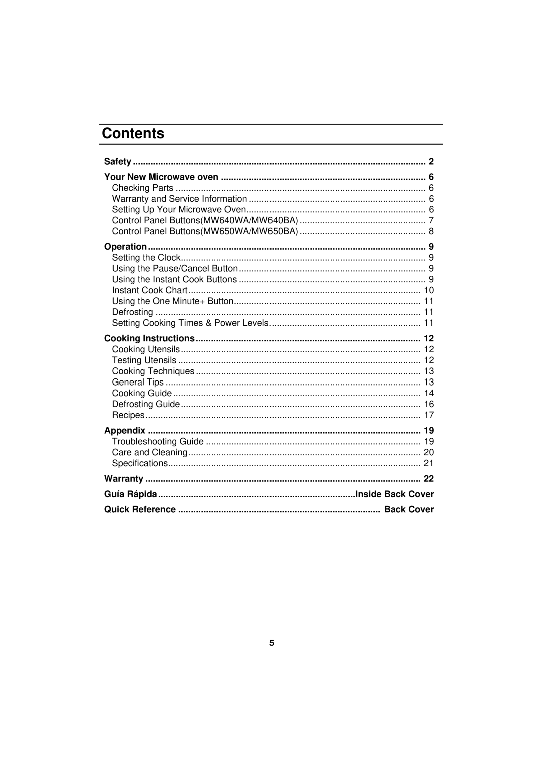 Samsung Model MW640WA owner manual Contents 