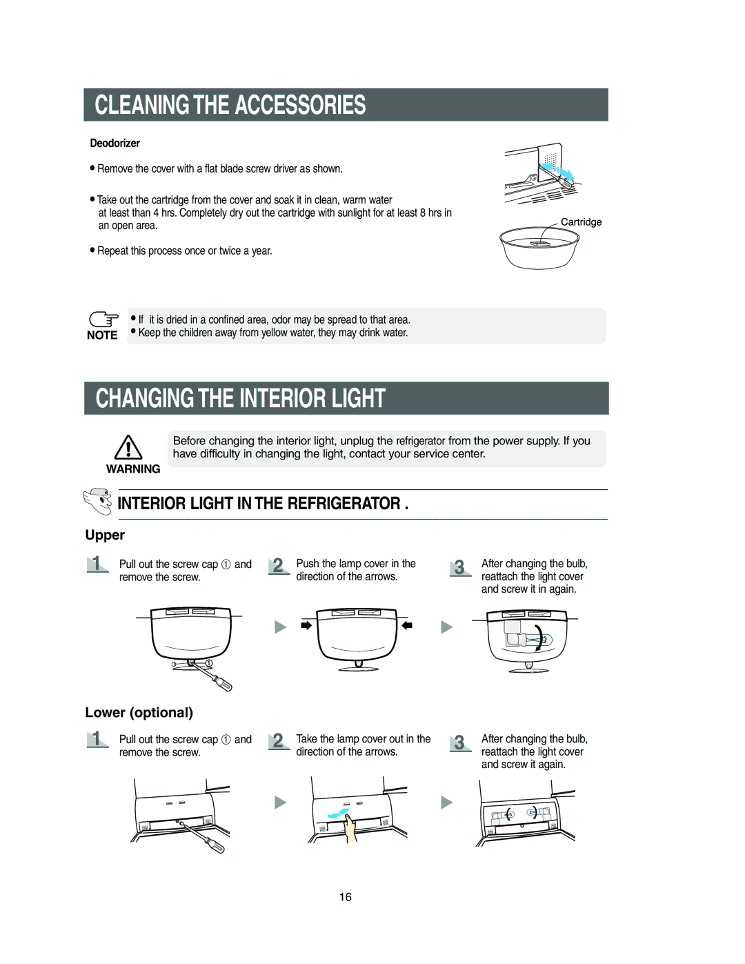 Samsung Model RS27KLMR owner manual Changing the Interior Light, Deodorizer, Pull out the screw cap ➀ and remove the screw 