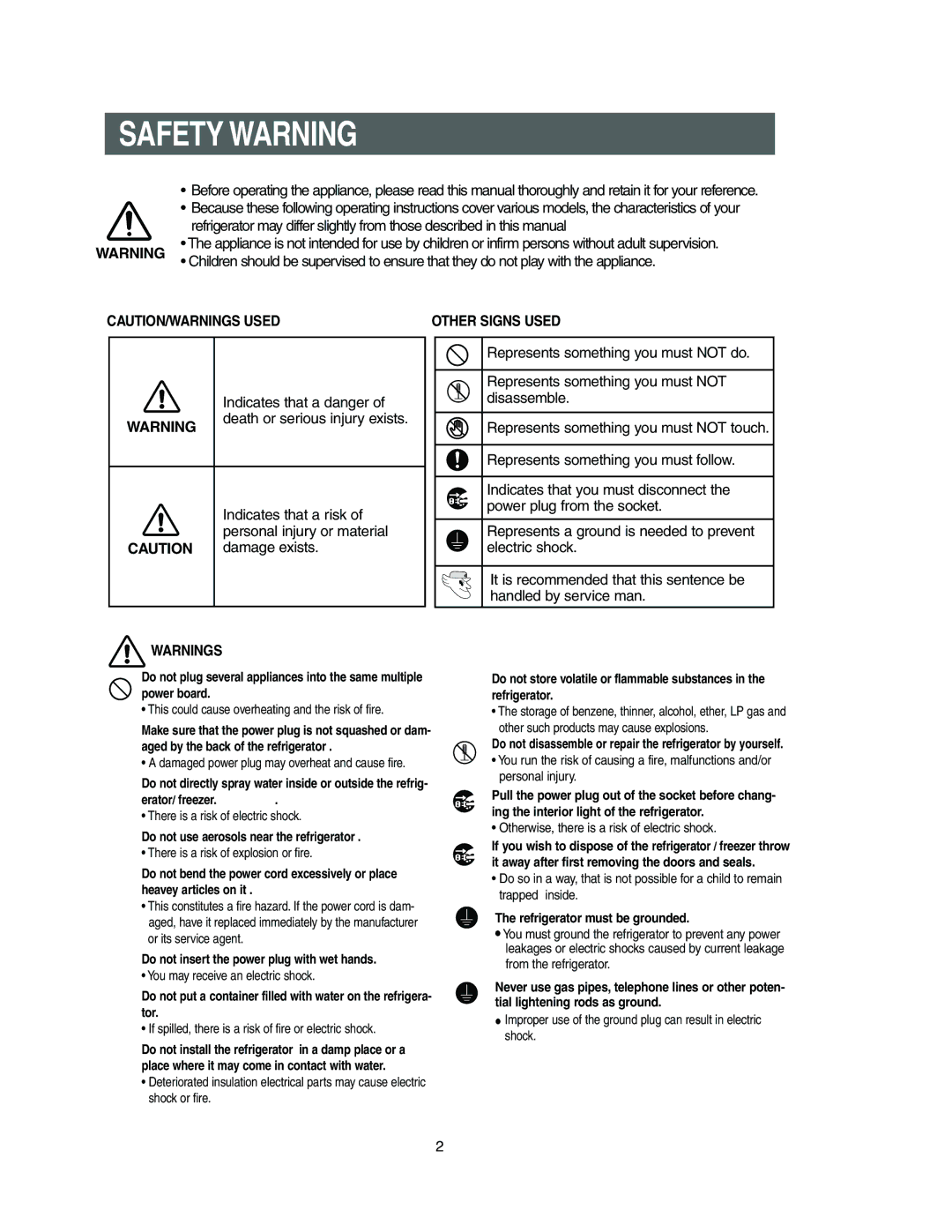 Samsung Model RS27KLMR owner manual Safety Warning, Represents something you must not do 