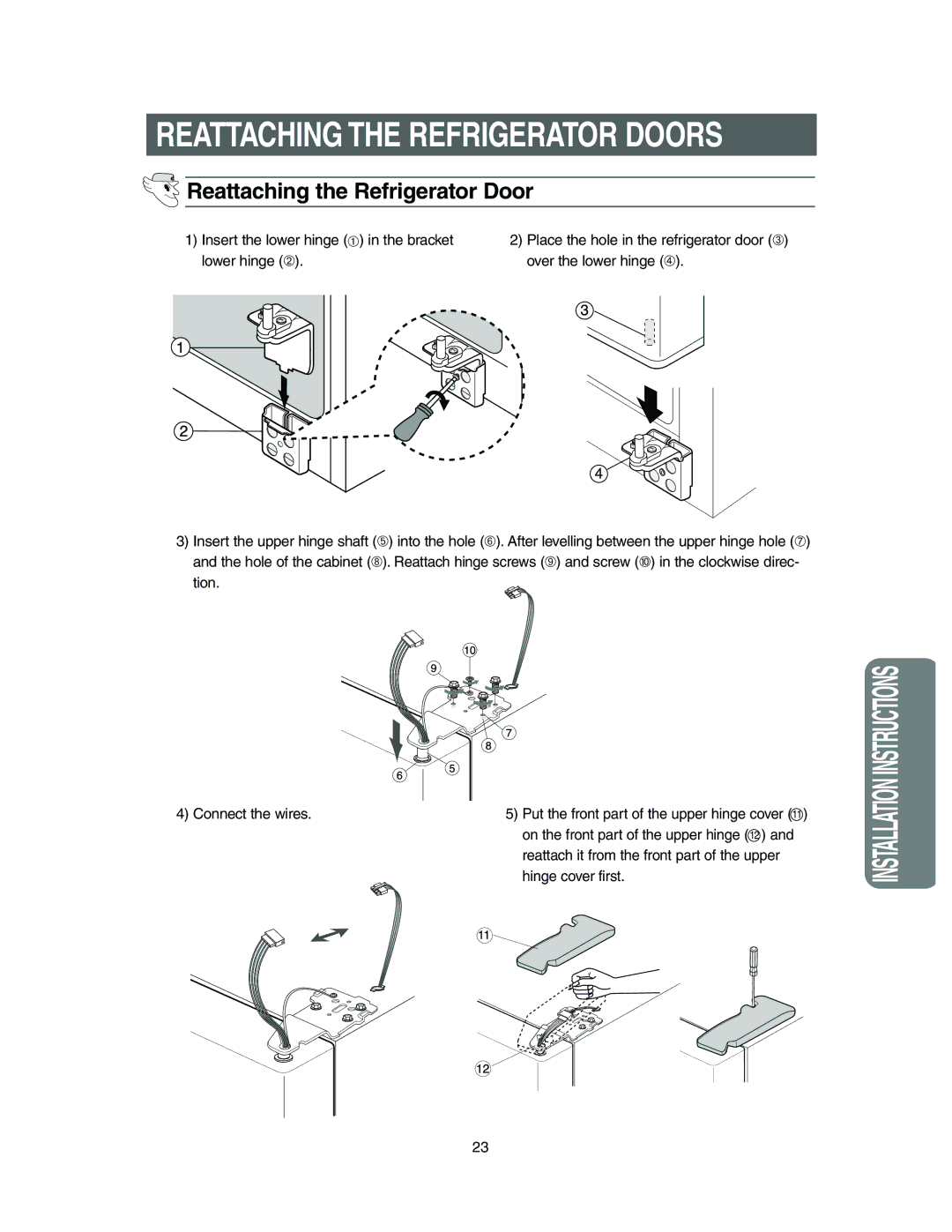 Samsung Model RS27KLMR Reattaching the Refrigerator Door, Insert the lower hinge ➀ in the bracket, Hinge cover first 