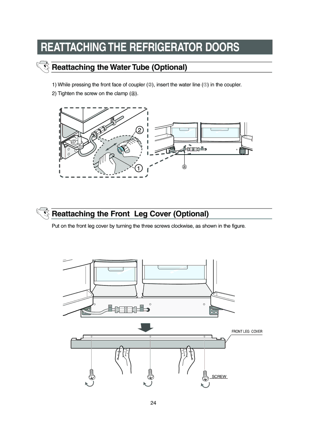 Samsung Model RS27KLMR owner manual Reattaching the Water Tube Optional, Reattaching the Front Leg Cover Optional 