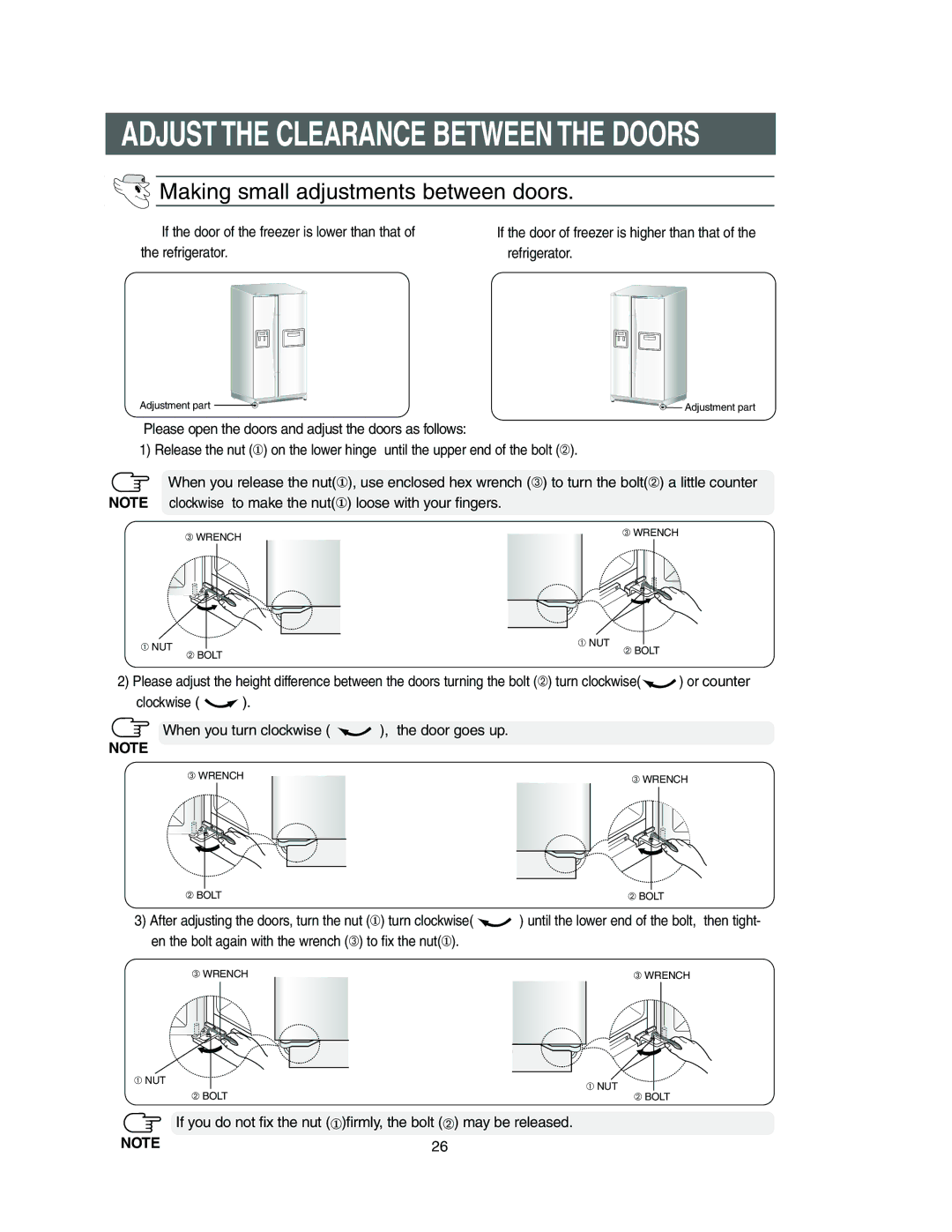 Samsung Model RS27KLMR owner manual Adjust the Clearance Between the Doors, Making small adjustments between doors 