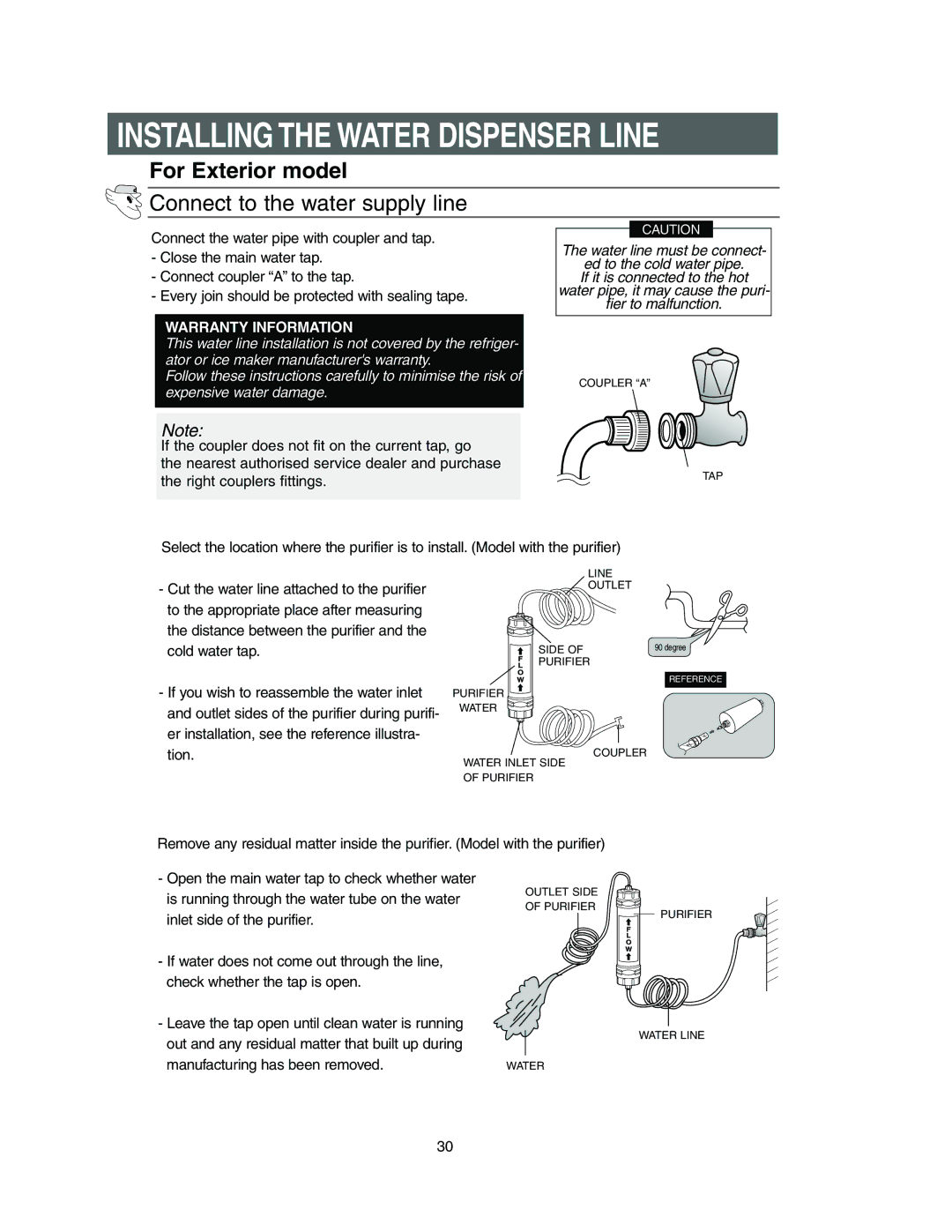 Samsung Model RS27KLMR owner manual For Exterior model, Connect to the water supply line 